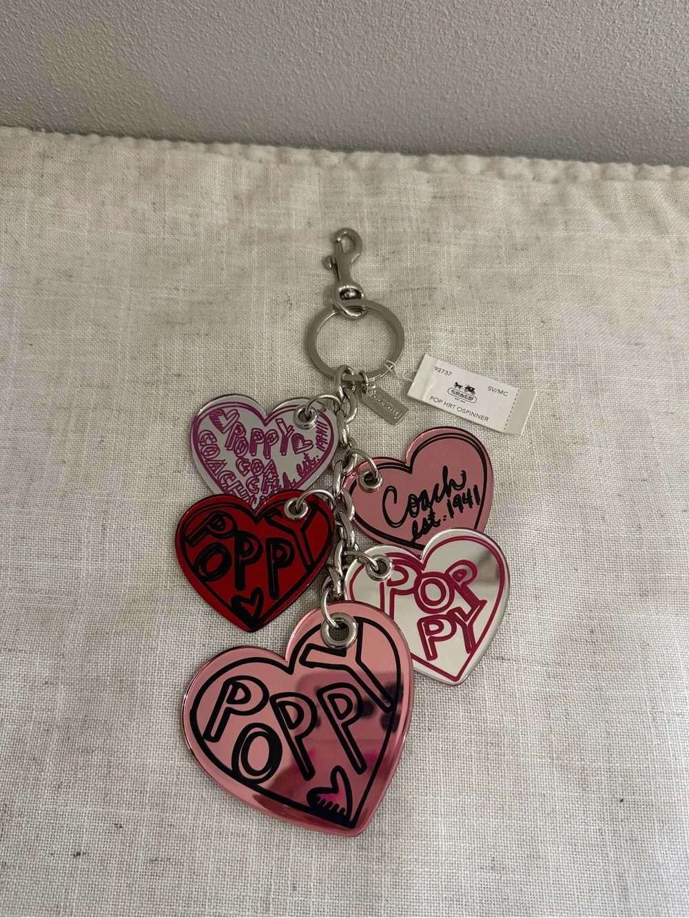 Coach Poppy Multicolor Red and Pink Heart Mirror Charm Keychain NWT